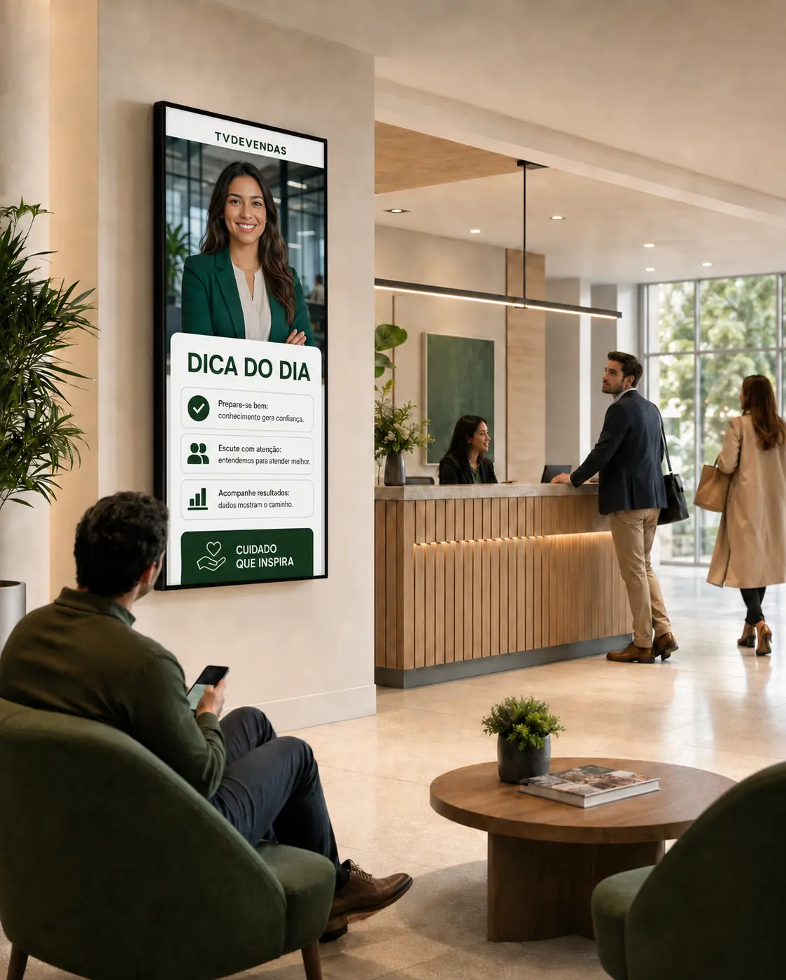 Pessoas observando uma programação educativa da TVDEVENDAS em uma TV vertical na recepção